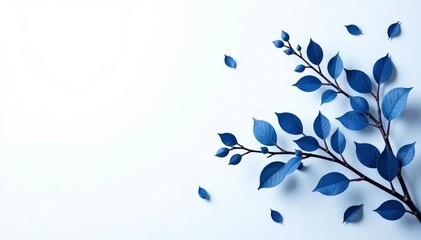 Dark blue branches on white background, some leaves scattered, nature, branchy
