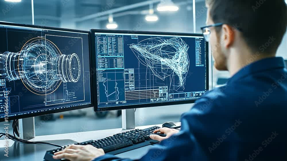 Poster a high-tech aerospace lab where engineers are analyzing an aircraft engine model, with large monitor