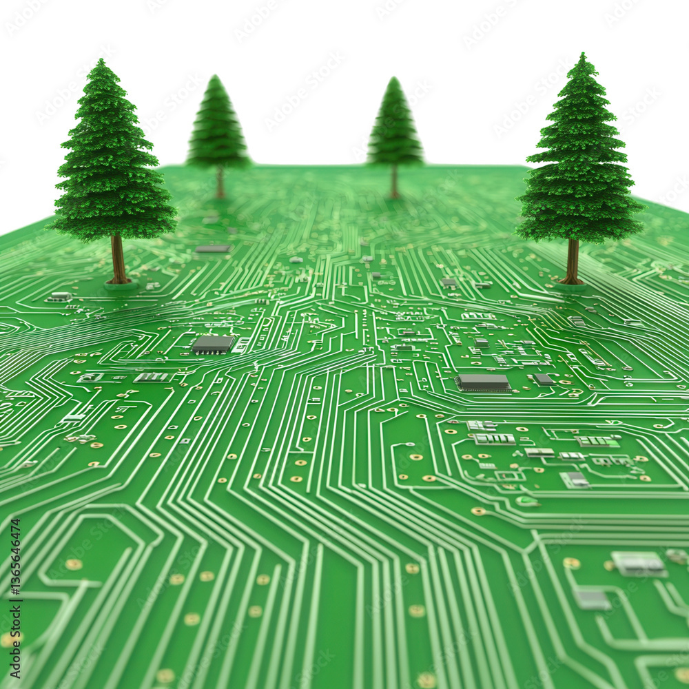 Poster digital forest on a circuit board with green trees and pathways.