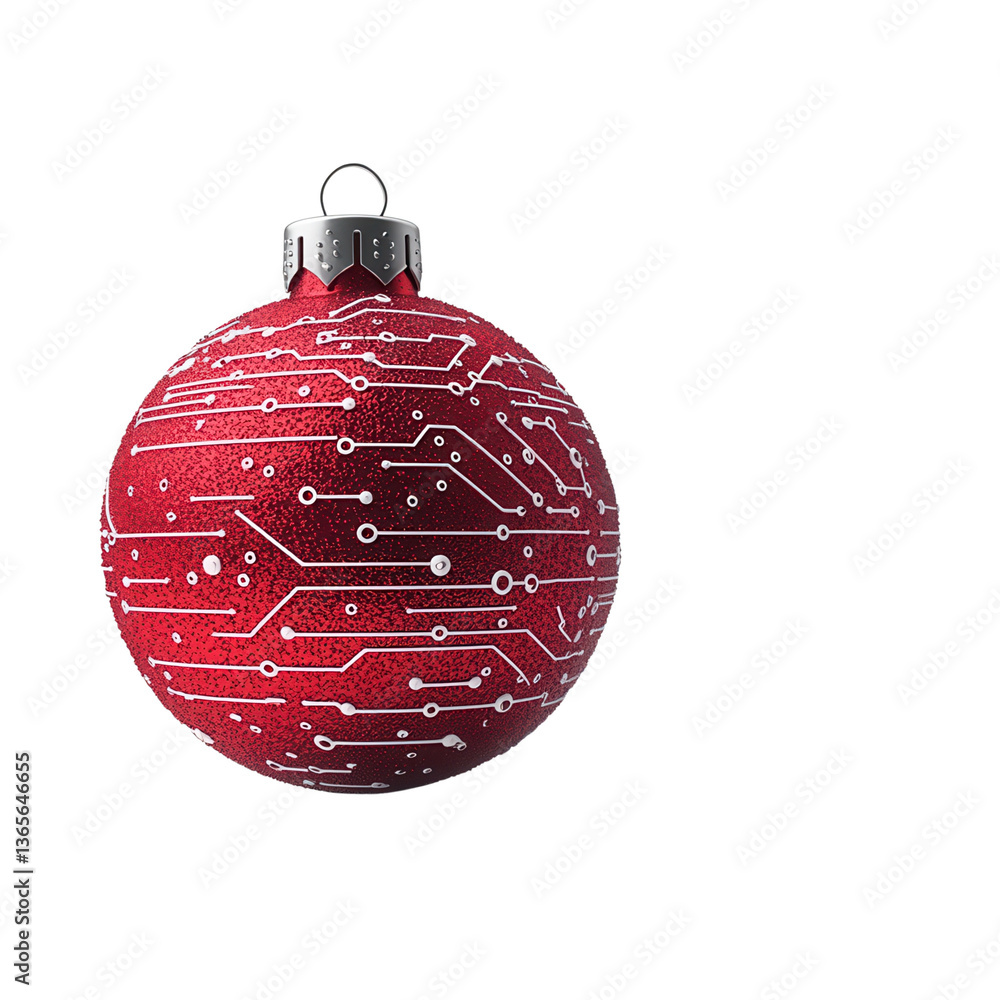 Poster red ornament with circuit patterns for a tech-themed holiday.