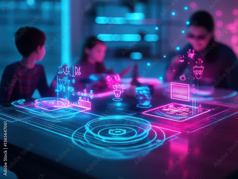 Poster focused discussion between a man and woman at a table with a tablet and illuminated diagram creating