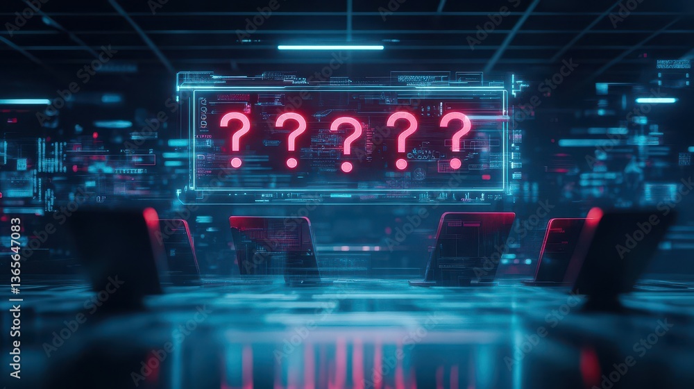 Poster a computer screen displaying numerous question marks symbolizing inquiry curiosity and uncertainty i