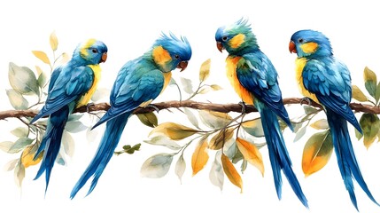Obraz premium Vibrant Blue Parrots on Branch with Watercolor Leaves Tropical Bird Artwork
