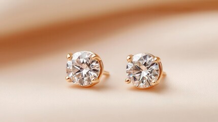 Minimalist diamond stud earrings in a doublecircle design, isolated on a soft beige background