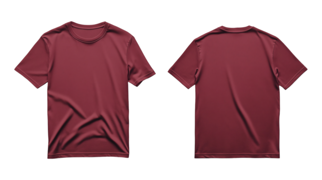 Plain maroon t-shirt showcasing both front and back views with smooth fabric, round neckline, and short sleeves for design mockup purposes on transparent background