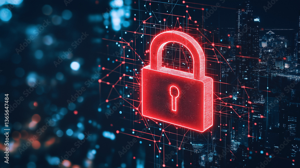 Poster cybersecurity lock: a vivid red padlock glows amidst a network of intricate digital connections, sym
