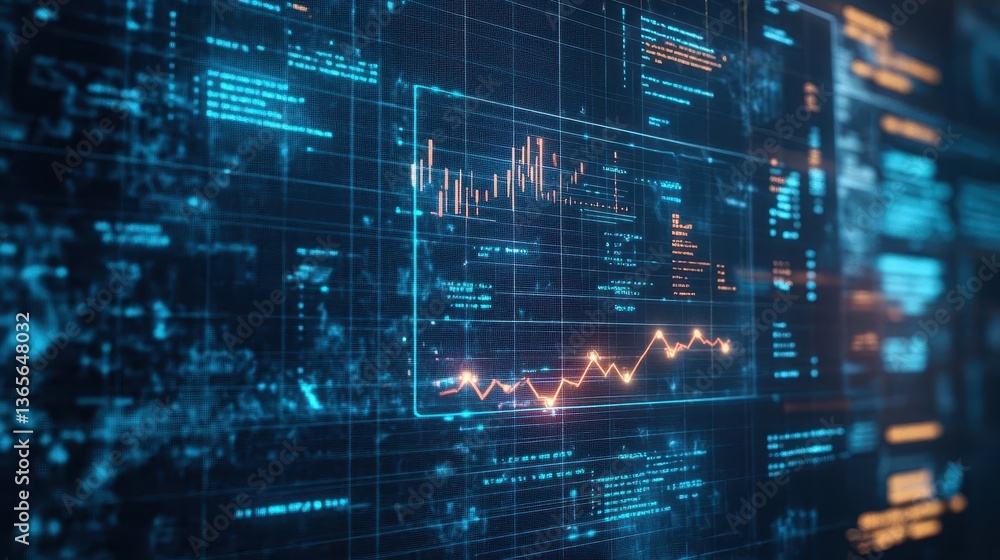 Poster dynamic stock market chart displayed on computer screen illustrating fluctuating trends and data vis