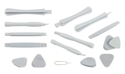 set of picks and plastic spatulas for disassembling phones and laptops, isolated from the background