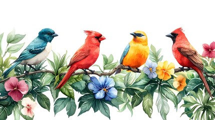 Obraz premium Vibrant Watercolor Painting of Tropical Birds Perched on Lush Green Branch with Colorful Flowers