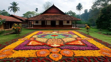 A traditional Kerala house with a stunning flower carpet in front. Vibrant colors and intricate designs create a beautiful scene. Lush greenery surrounds the property, enhancing its charm.