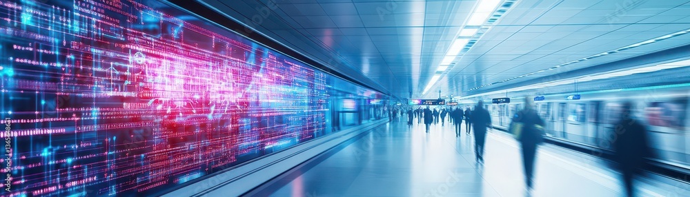 Poster vibrant long corridor filled with people walking in various directions under soft ambient lighting c