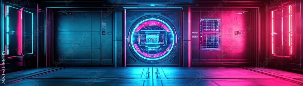 Poster futuristic room bathed in neon lights with an intriguing door creating a modern and dynamic atmosphe