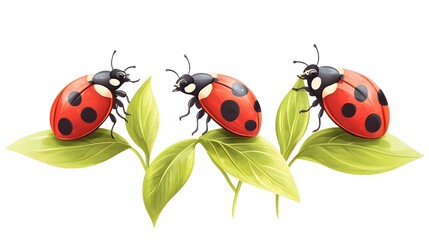 Fototapeta premium Three Ladybugs on Green Leaves Nature Close up Spring Insects Vivid Colors Detailed Illustration