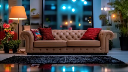 mock up ,Stylish luxury room interior with furniture template, brown capitone sofa with red cushion in big room 