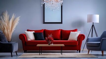 mock up ,Stylish luxury room interior with furniture template, red long velvet sofa in living room decorated with pampas grass and lamp stand