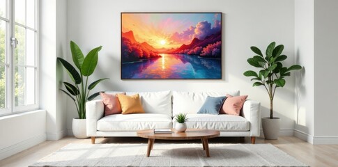 Cozy White Living Room with Comfortable Sofa and Abstract Artwork , soft lighting, white sofa