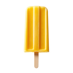 Bright yellow popsicle on a wooden stick against a black background.