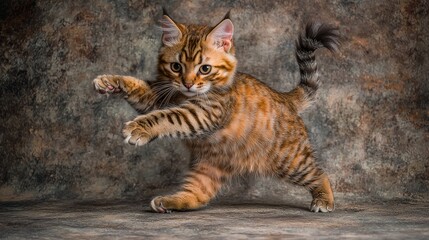 Obraz premium Bengal Cat Stands on Two Legs Like a Circus Performer in Playful Pose