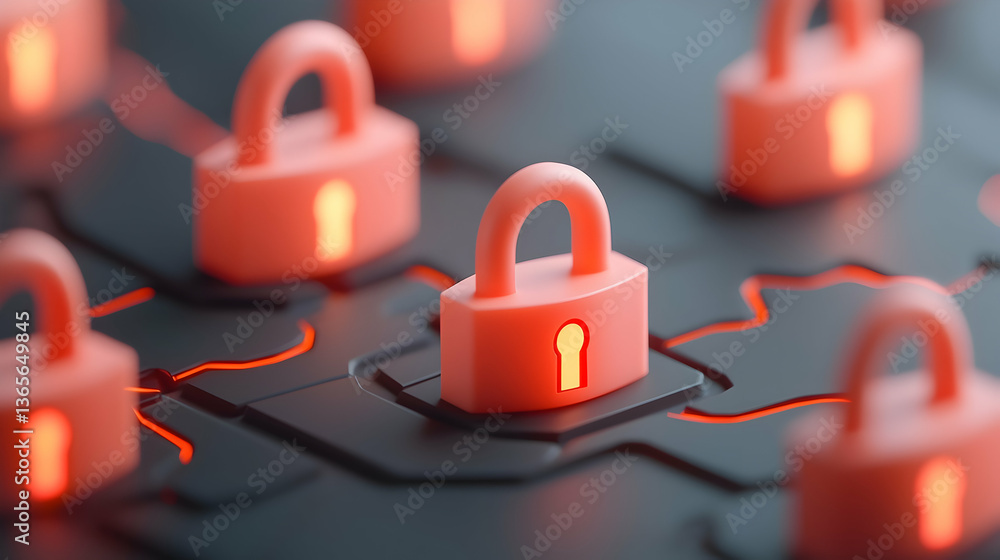 Poster abstract network security: interconnected glowing padlocks on dark circuit board