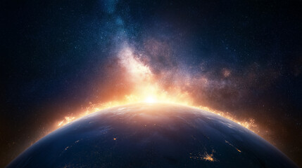 Obraz premium Cosmic Dawn: Witness the awe-inspiring moment as a celestial body emerges from the ethereal glow of the cosmos. The sun crests the horizon.
