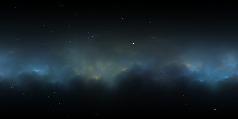 360 degree space nebula. Giant interstellar cloud with stars, equirectangular projection, environment map. Spherical panorama. 3d illustration