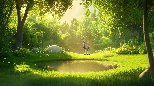 Okapi in sunlit forest clearing.