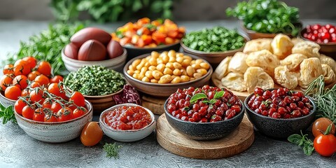 Delicious vegetarian appetizer platter ideas Featuring fresh produce: vibrant vegetables, juicy tomatoes, spiced chickpeas, roasted potatoes, and fragrant herbs, for a delightful start.