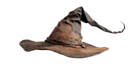 Old worn pointy witch or wizard hat floating on transparent background
