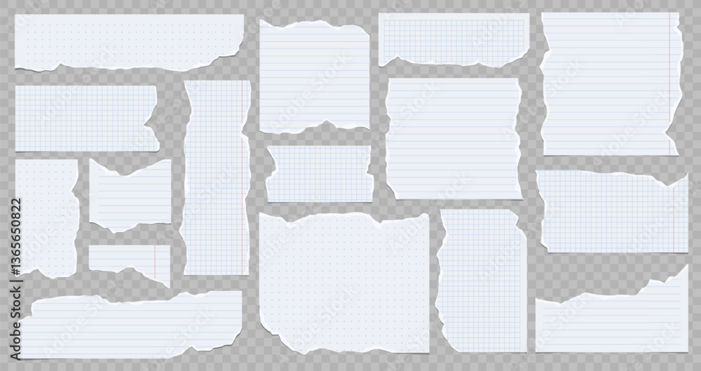Poster collection of torn lined and squared paper strips. ripped paper scraps with rough edges. vector illu