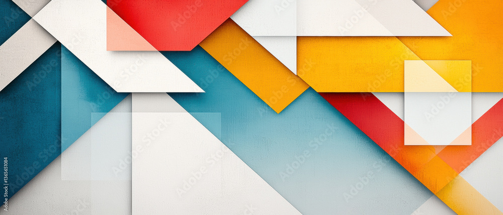 Poster bright and vibrant abstract geometric pattern featuring layered shapes in red, blue, yellow, and whi