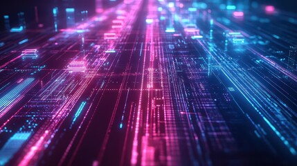 Fototapeta premium Futuristic Cityscape Illuminated by Bright Neon Lights and Intricate Line Designs Creating a Dynamic and Vibrant Urban Environment at Night