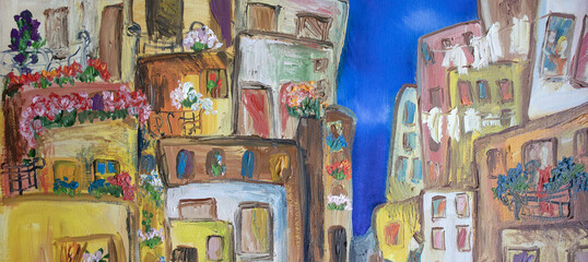 Panorama cute decorative windows, blooming picturesque balconies. Original painting fine art.