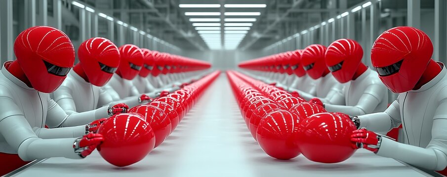 Rows of identical figures processing objects on a conveyor belt