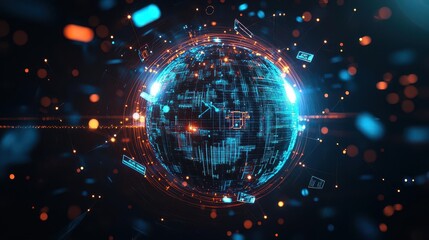 Obraz premium Vibrant Globe Against a Striking Blue and Orange Background Representing Global Connectivity and Diversity in a Contemporary Artistic Style