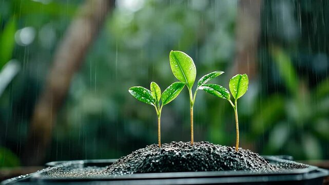 The flourishing of young plants in a garden nourished by a gentle rain beautifully showcases the resilience and majesty of nature