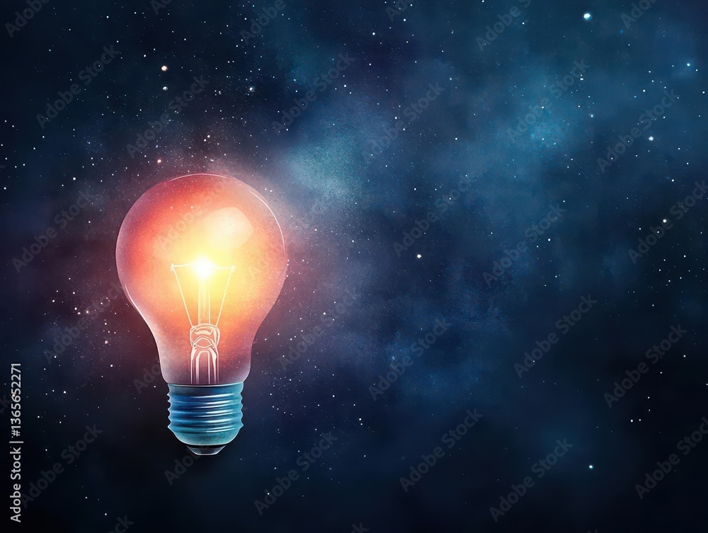 Poster illuminating light bulb surrounded by vast cosmic galaxy with stars and nebulae creating a mystical 