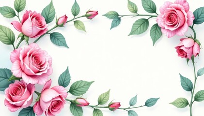 Delicate watercolor roses, climbing vines, and soft leaves , romantic, feminine