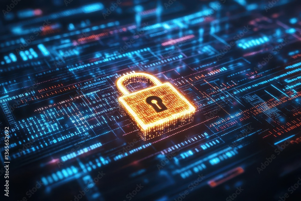 Poster closeup of a rusty padlock on a computer screen symbolizing security and protection in the digital w