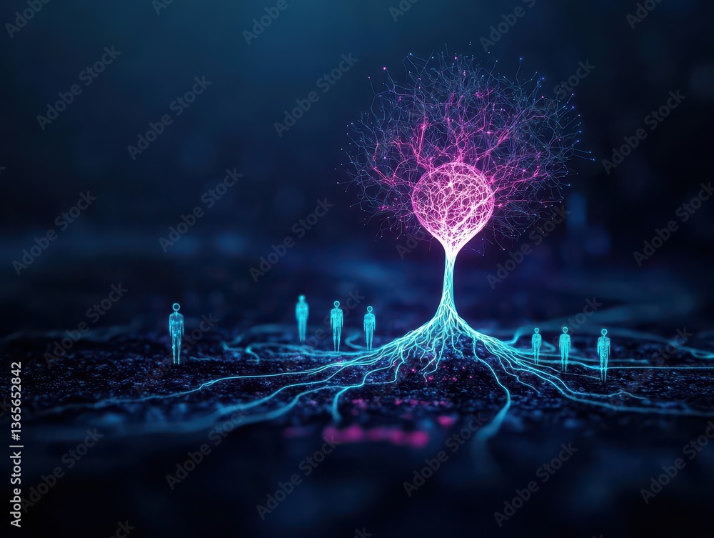 Poster a unique tree incorporating a human brain symbolizing nature and intelligence in a surreal and thoug