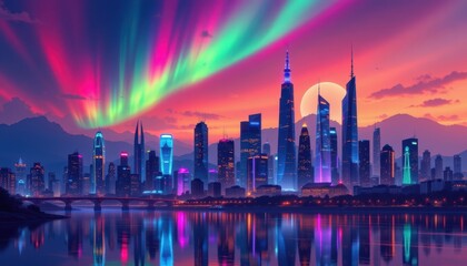 Obraz premium Neon Metropolis at Dusk Illustrate a futuristic city skyline at twilight, where buildings are illuminated with vibrant neon lights