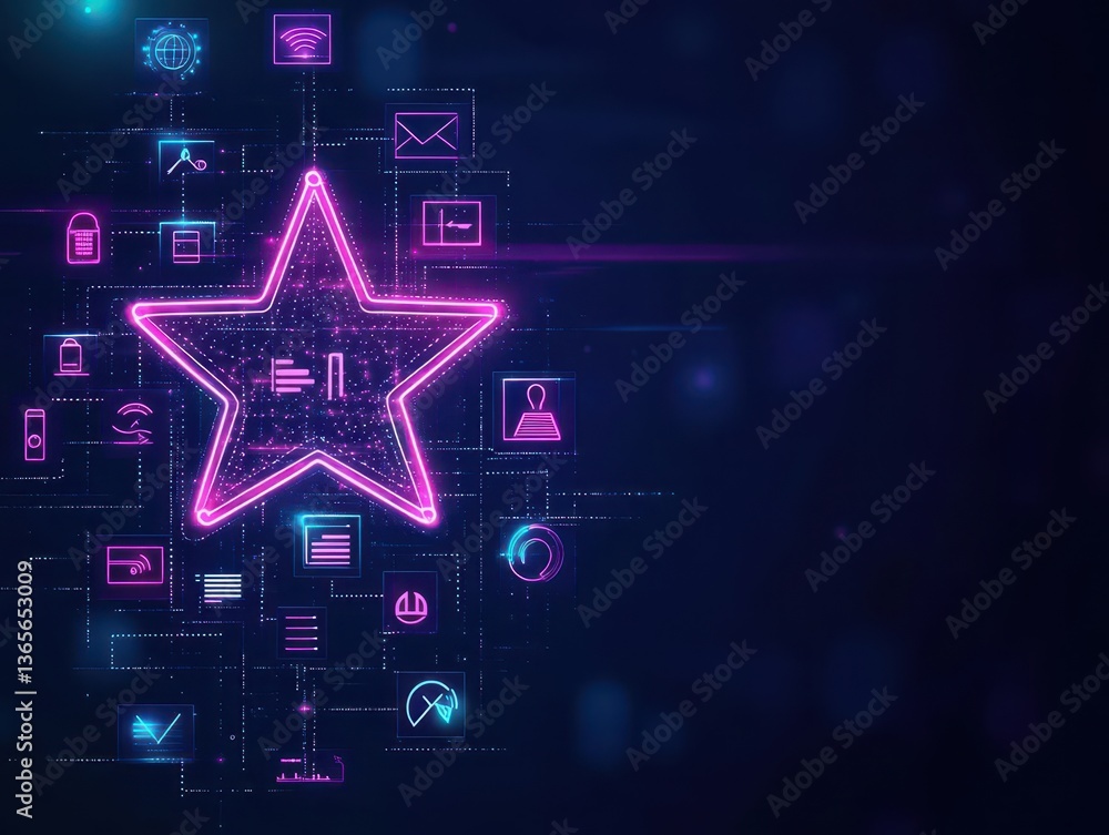 Poster a bright star surrounded by colorful icons representing various concepts of technology creativity an