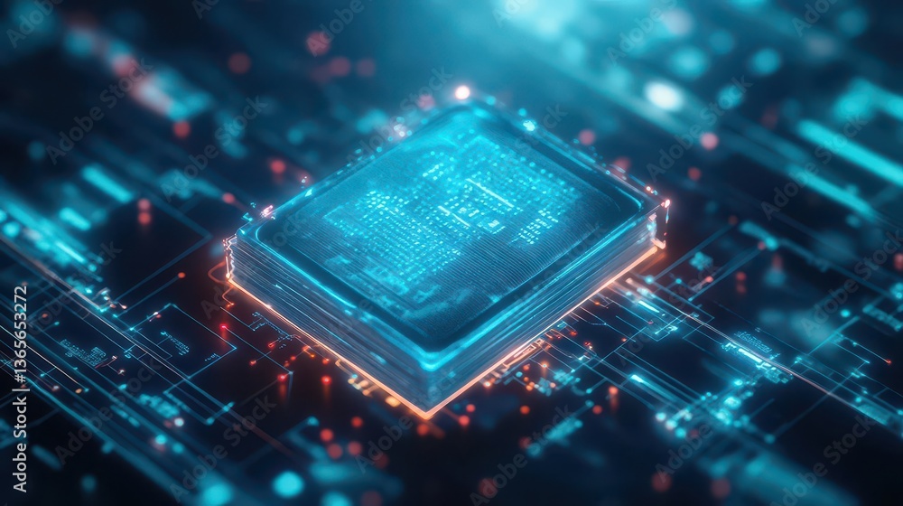 Poster intricate c p u chip centered on vibrant blue circuit board showcasing advanced technology and innov