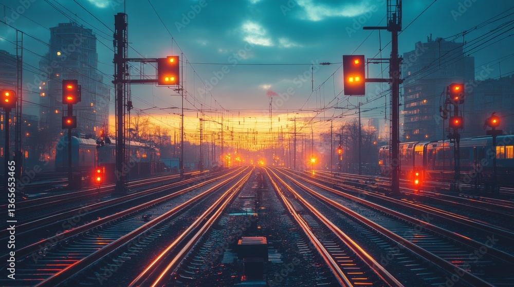 Poster trains stand still as dusk settles, illuminated signals glowing in the twilight. railway tracks stre