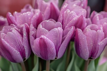 
A bouquet of purple tulips with glitter on the edges, a blank white label sticker for the front of the flowers, placed on a table with a pink and purple theme.