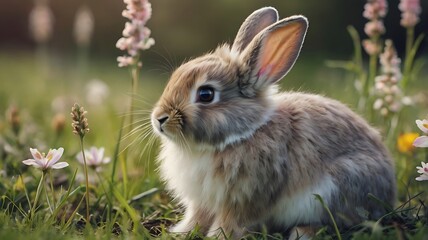 Obraz premium A fluffy baby rabbit with oversized ears, sitting in a meadow, pastel spring colors, soft focus