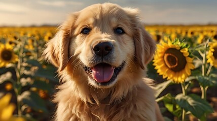 Obraz premium A fluffy Golden Retriever puppy sitting in a sunflower field, big brown eyes, happy smile, ultra-realistic fur texture, warm golden lighting, 4K ultra-detailed