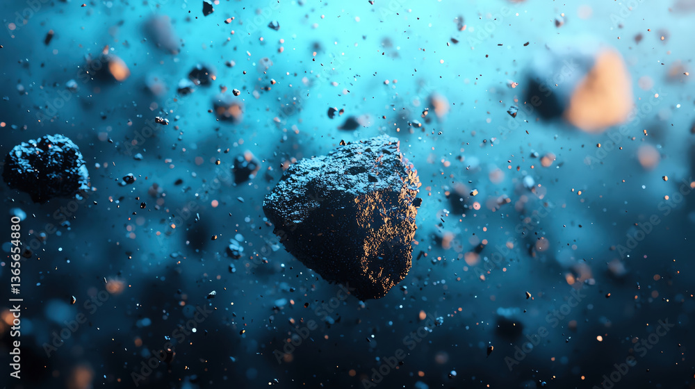 Poster Floating rocks and particles cosmic environment create mesmerizing scene of space exploration and discovery. vibrant colors enhance otherworldly