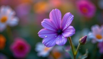 Floral Close Up Create an intimate close up of a single purple flower with dew drops glistening on its petals