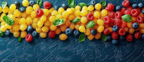 Superhero logo-shaped pasta salad, a yellow and red delight Filled with Berries: blueberries & raspberries. A super salad