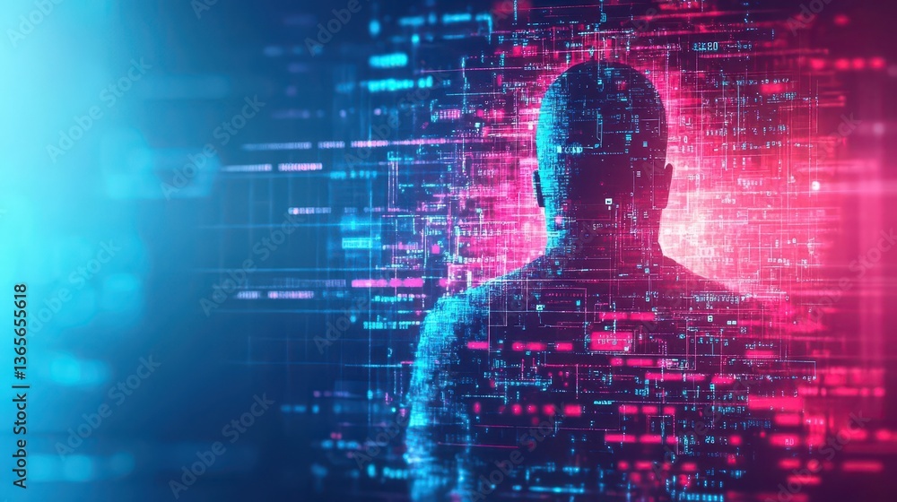 Poster silhouette of a man standing in a futuristic digital world with abstract patterns and bright colors 